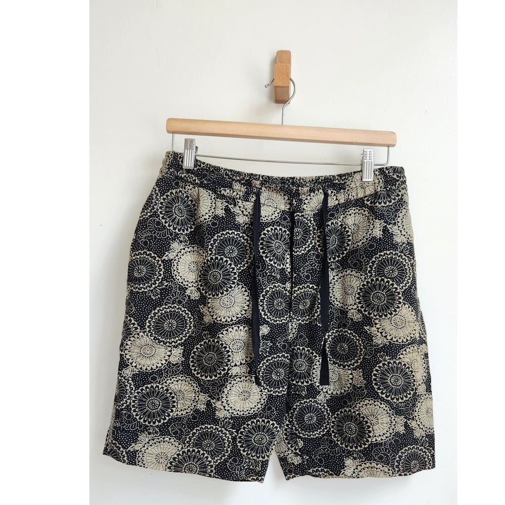 Officine Generale Phil Japanese Print Shorts Mens 31 Black Cream Drawstring Boho
